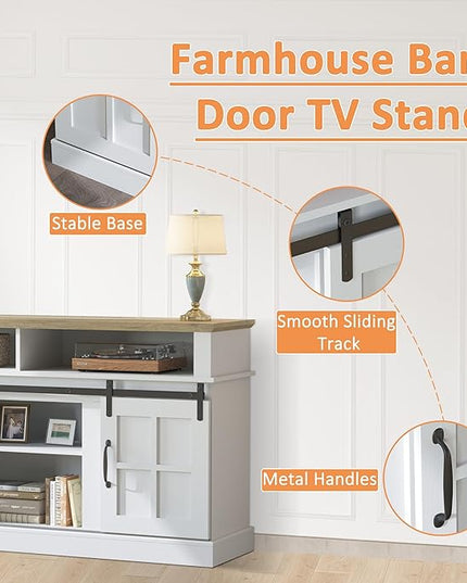 TV Stand with 2 Sliding Barn Doors, 58 Inch TV Stand with Storage Cabinet and Shelves, Television Stands with Storage for Living Room, Bedroom, White - LeafyLoom