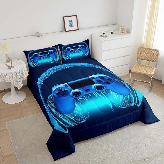 Gamer Comforter Set Twin Size,Blue Headphones Musical Design Games Gamepad Bedding Set for Kids Boys Video Game Room Decor Retro Playing Gamer Down Comforter Gaming Controller Quilted Duvet Set - LeafyLoom