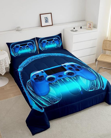 Gamer Comforter Set Queen Size,Blue Headphones Musical Design Games Gamepad Bedding Set for Kids Boys Video Game Room Decor Retro Playing Gamer Down Comforter Gaming Controller Quilted Duvet Set - LeafyLoom