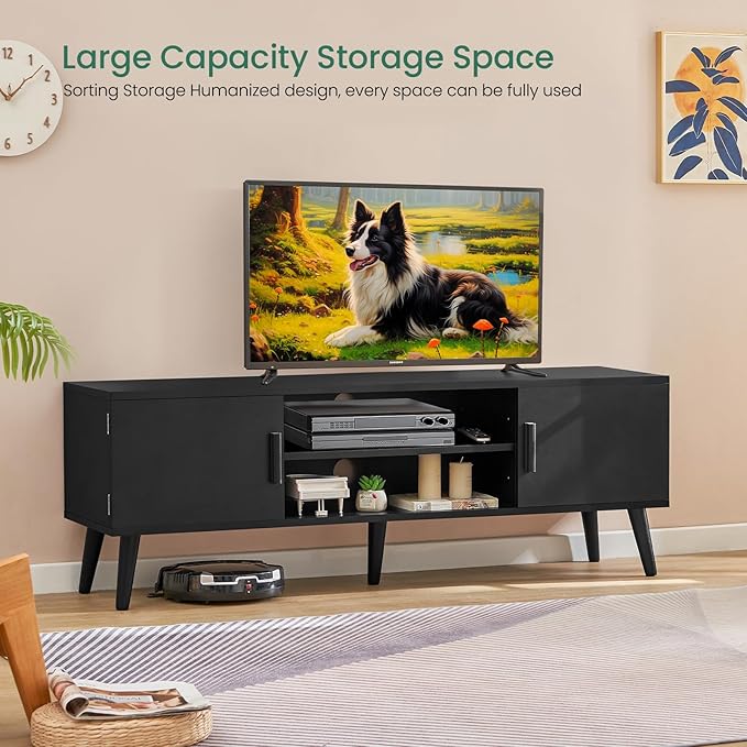Iwell Black TV Stand for 60 Inch TV, Entertainment Center with Adjustable Shelf, TV Console, Modern TV Stand for Living Room, Bedroom, Black - LeafyLoom