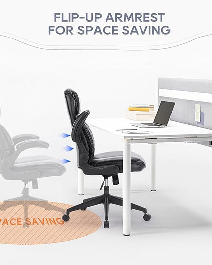 COLAMY Home Office Chair 275LBS Executive Leather Office Chair with Padded Flip-up Arms, Adjustable Height and Tilt Lock, Black - LeafyLoom