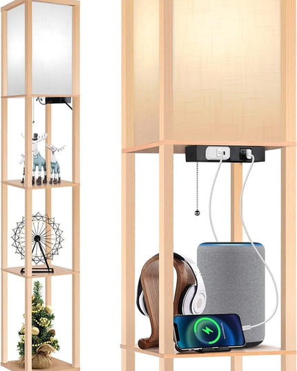 OUTON Floor Lamp with Shelves, LED Shelf Floor Lamp with 1 USB & 1 Type C Ports, 1 AC Outlet, 3 Color Temperature, Storage Display Wood Column Tall Standing Lamp for Living Room, Bedroom Office, Wood - LeafyLoom