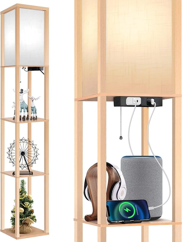 OUTON Floor Lamp with Shelves, LED Shelf Floor Lamp with 1 USB & 1 Type C Ports, 1 AC Outlet, 3 Color Temperature, Storage Display Wood Column Tall Standing Lamp for Living Room, Bedroom Office, Wood - LeafyLoom