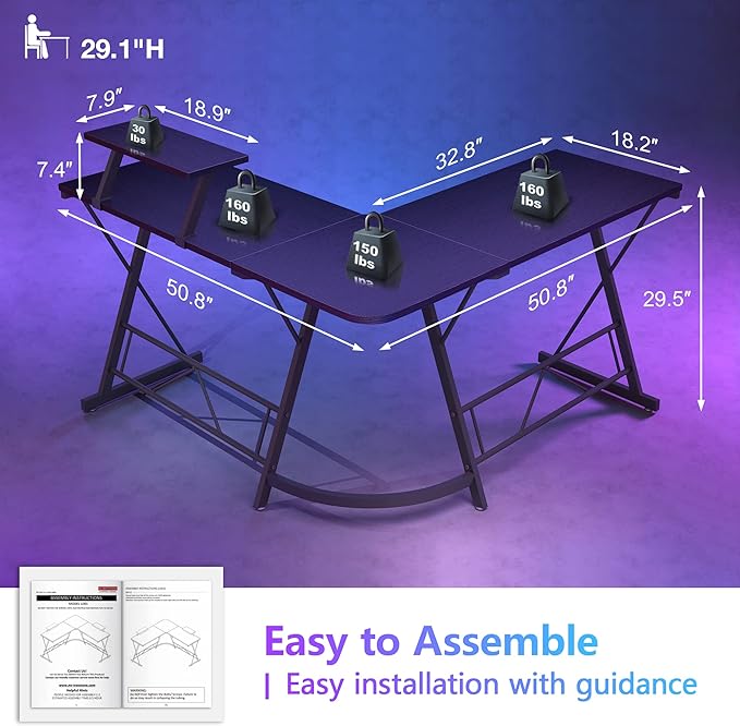 Mr IRONSTONE L Shaped Gaming Desk Corner Computer Desk, Home Office Desks Writing Workstation with Large Monitor Stand, Easy to Assemble (Black,51 Inch) - LeafyLoom