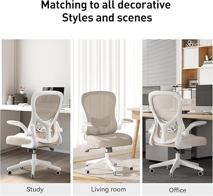Hbada Office Chair Ergonomic Desk Chair, Office Desk Chairs with PU Silent Wheels, Breathable Mesh Computer Chair with Adjustable Lumbar Support, Flip-up Armrests, Tilt Function, Grey - LeafyLoom
