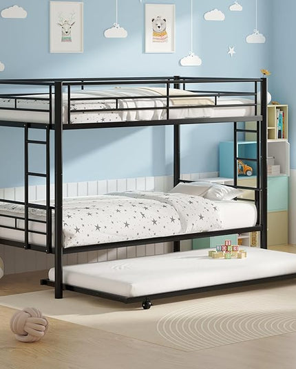VECELO Twin Over Twin Bunk Bed with Trundle, Metal Bunkbeds with Ladder and Full-Length Guardrail, Noise Free, No Box Spring Needed, Black - LeafyLoom