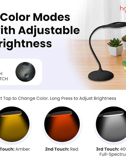 Hooga Desk Lamp, Blue Light Blocking, 3 Color Modes, 1600K Amber, Red, 4000K Full-Spectrum White Light. Office Lamp. Dimmable Reading Lamp. Reduces Eye Strain. Rechargeable. Circadian Rhythm Friendly. - LeafyLoom