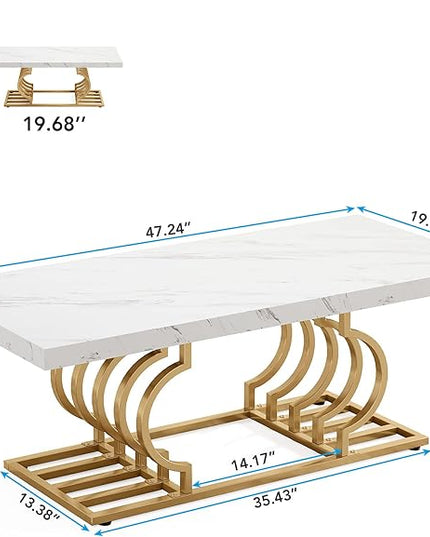 Tribesigns Modern Coffee Table, 47 Inch Faux Marble Cocktail Table with Geometric Frame, Rectangular Center Table Tea Table Accent Furniture for Living Room, Simple Assembly (White/Gold) - LeafyLoom