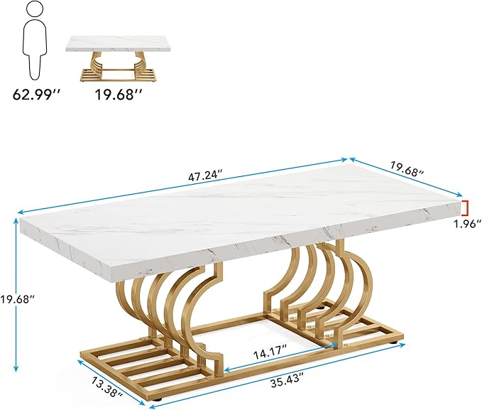 Tribesigns Modern Coffee Table, 47 Inch Faux Marble Cocktail Table with Geometric Frame, Rectangular Center Table Tea Table Accent Furniture for Living Room, Simple Assembly (White/Gold) - LeafyLoom