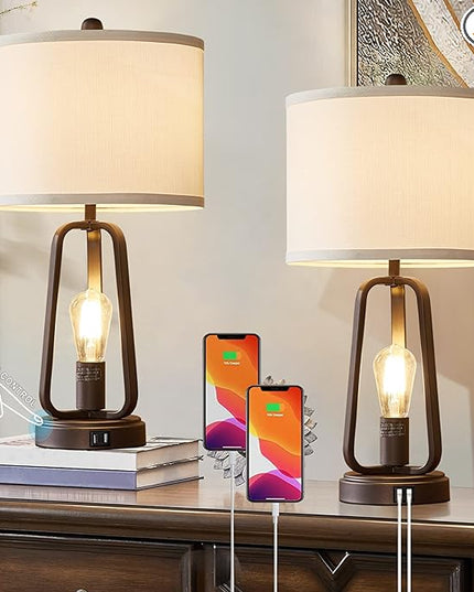Luvkczc Modern Farmhouse Table Lamp Set of 2, Table Lamps with USB Port, 3-Way Dimmable Bedside Touch Lamp with Rotary Switch, Rustic Industrial Lamps for Bedroom Living Room, Bulbs Included - LeafyLoom