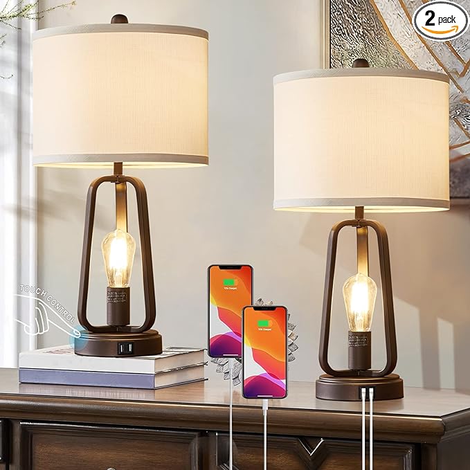 Luvkczc Modern Farmhouse Table Lamp Set of 2, Table Lamps with USB Port, 3-Way Dimmable Bedside Touch Lamp with Rotary Switch, Rustic Industrial Lamps for Bedroom Living Room, Bulbs Included - LeafyLoom