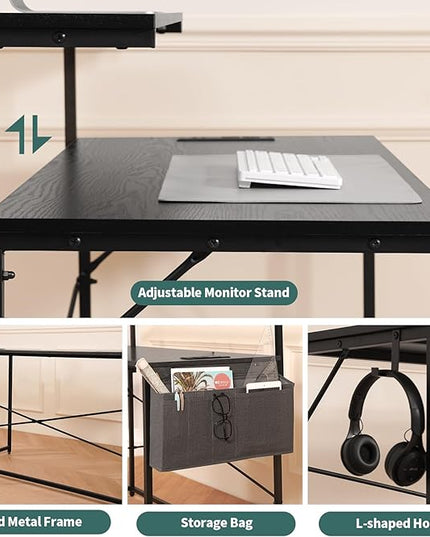 Yoobure Computer Desk with Power Outlets Fast Charging Type-C Included, Gaming Desk with LED Lights, 47" Office Desk with Adjustable Monitor Stand, Small Desk Home Office Desks with Storage Bag & Hook - LeafyLoom