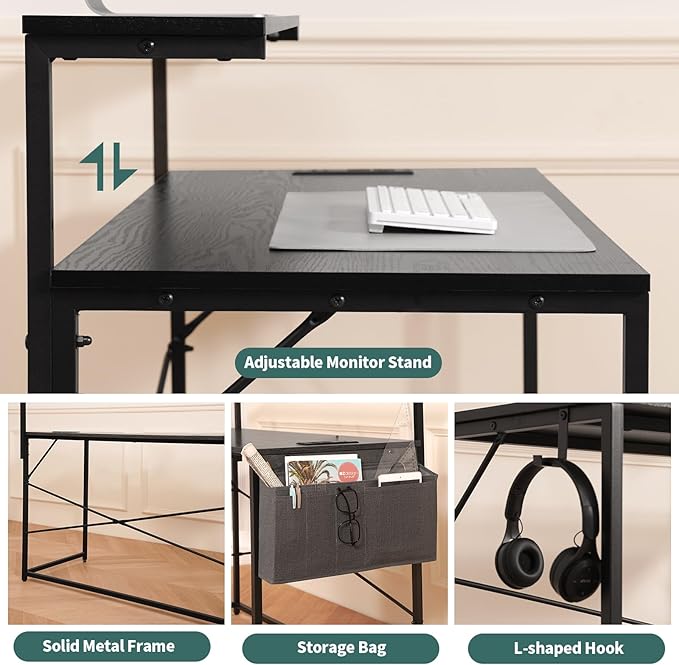 Yoobure Computer Desk with Power Outlets Fast Charging Type-C Included, Gaming Desk with LED Lights, 47" Office Desk with Adjustable Monitor Stand, Small Desk Home Office Desks with Storage Bag & Hook - LeafyLoom