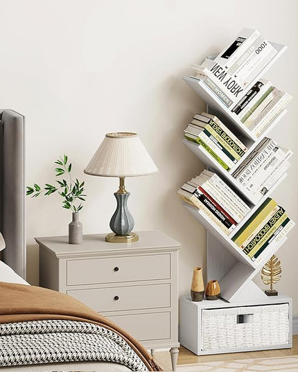 Vagusicc 6 Tier Tree Bookshelf, Modern Floor Standing Bookcase with Storage Drawer, Tall Wood Book Storage Rack for CDs/Books, Utility Book Organizer Shelves for Bedroom/Living Room/Home Office/Corner - LeafyLoom