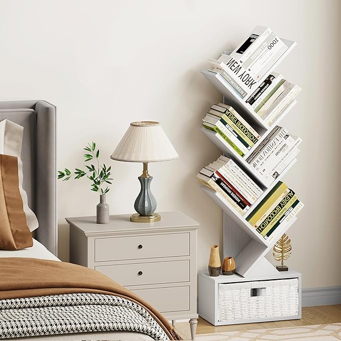 Vagusicc 6 Tier Tree Bookshelf, Modern Floor Standing Bookcase with Storage Drawer, Tall Wood Book Storage Rack for CDs/Books, Utility Book Organizer Shelves for Bedroom/Living Room/Home Office/Corner - LeafyLoom