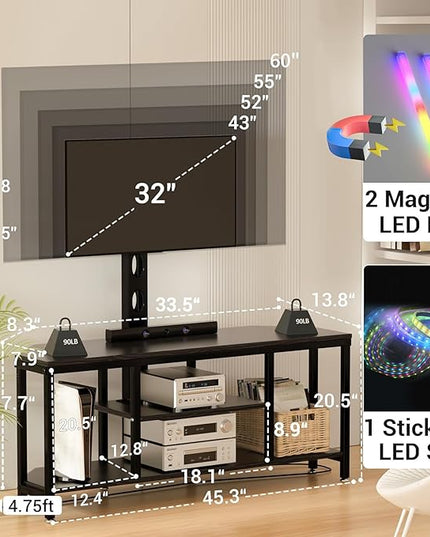 Corner TV Stand LED, Universal TV Mount Stand for 32-60" TV, Height Adjustable Swivel TV Console Wood & Steel Entertainment Center with Mount, Cabinet, Power Outlet, Colorful LED Light, Black - LeafyLoom