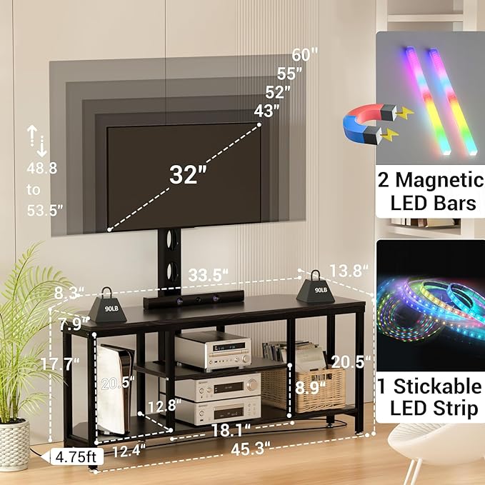 Corner TV Stand LED, Universal TV Mount Stand for 32-60" TV, Height Adjustable Swivel TV Console Wood & Steel Entertainment Center with Mount, Cabinet, Power Outlet, Colorful LED Light, Black - LeafyLoom