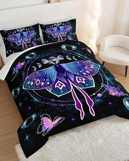 HOSIMA Butterfly Comforter Set with 2 Pillowcases,Moon Starry Sky Galaxy Comforter Butterfly Room Decor Aesthetics,Blue Heart -Shaped Bubble King Size Comforter Set for Adults Kids Black Comforter. - LeafyLoom