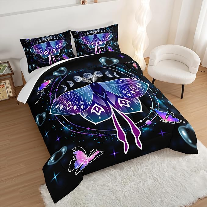 HOSIMA Butterfly Comforter Set with 2 Pillowcases,Moon Starry Sky Galaxy Comforter Butterfly Room Decor Aesthetics,Blue Heart -Shaped Bubble King Size Comforter Set for Adults Kids Black Comforter. - LeafyLoom
