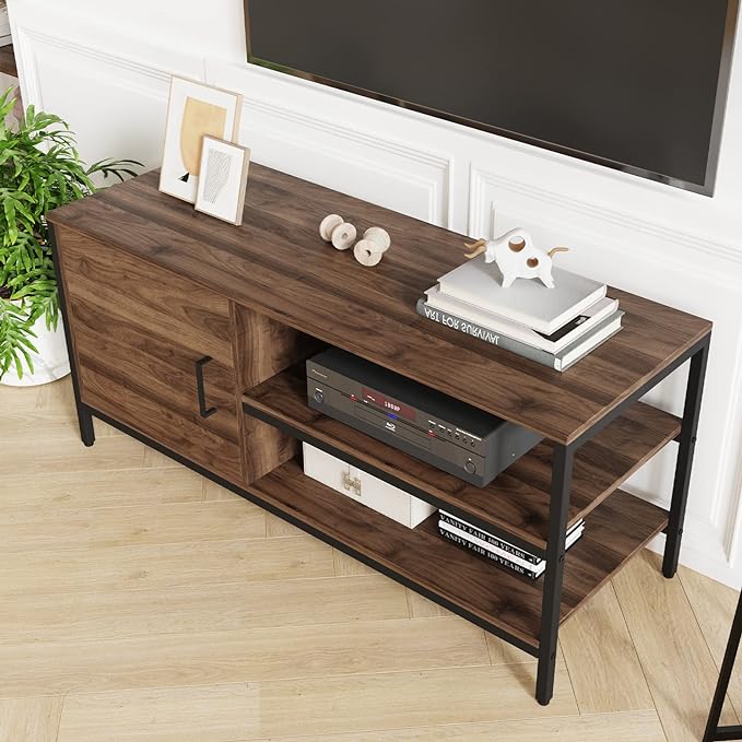 Novilla Retro Farmhouse TV Stand for TVs up to 50 Inches, Living Room Entertainment Center for Flat/Curved Screen, 43 Inches, Walnut - LeafyLoom