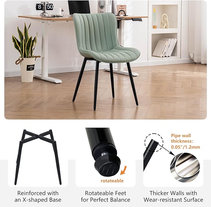 YOUNUOKE Dining Chairs Set of 2 Upholstered Mid Century Modern Kitchen Chair Armless Faux Leather Side Chairs with Padded Back Metal Legs for Living Room Bedrooms Mint Light Sage Green - LeafyLoom