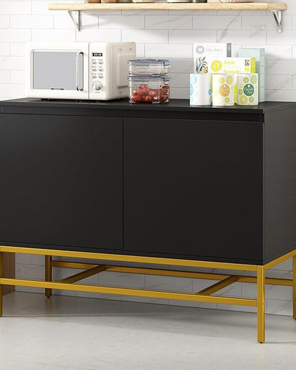 39.4" Minimalist & Luxury Two Door Sideboard with Gold Metal Legs,Freestandin Storage Buffet Cabinet,w/Adjustable Shelves,for Living, Dining Room,Entrance Passage,Black - LeafyLoom