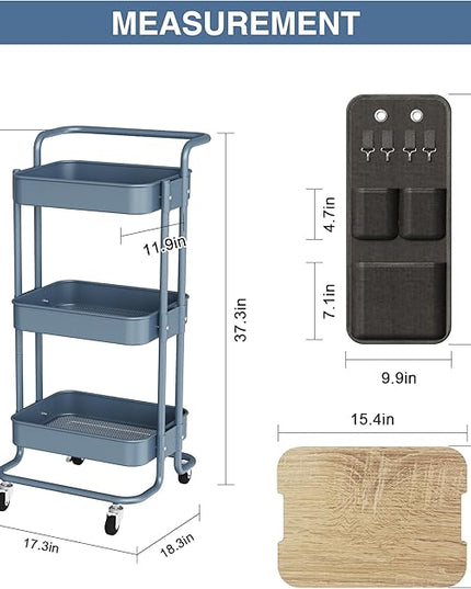 DTK 3 Tier Metal Utility Rolling Cart with Table Top and Side Bags, Metal Tray Storage Organizer Cart with Wheels, Art Craft Cart with 4 Hooks for Kitchen Bathroom Office Living Room (Blue) - LeafyLoom