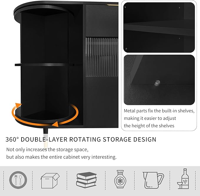 51.1" Rotating Storage Cabinet Sideboard with 2 Doors of Tempered Changhong Glass and 2 Drawers,Wooden Console Table,w/Built-in Shelves & Turntable,for Living Room,Black - LeafyLoom