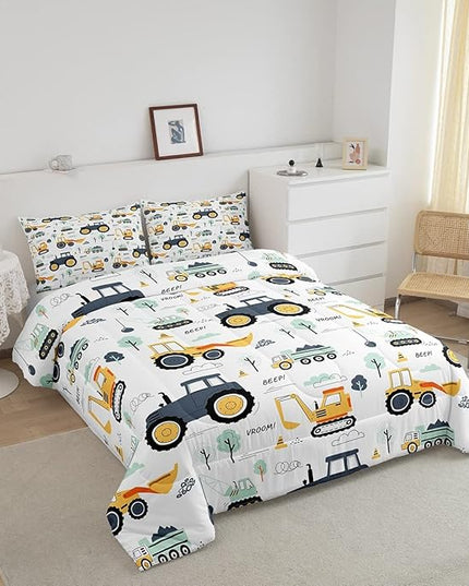 Cartoon Cars Kids Comforter Set Tractor Boys Comforter Cute Excavator Decor Kawaii Soft Bedding Set Cartoon Trees Cars Colorful All Season Quilt Room 3Pcs Full Size Boys - LeafyLoom