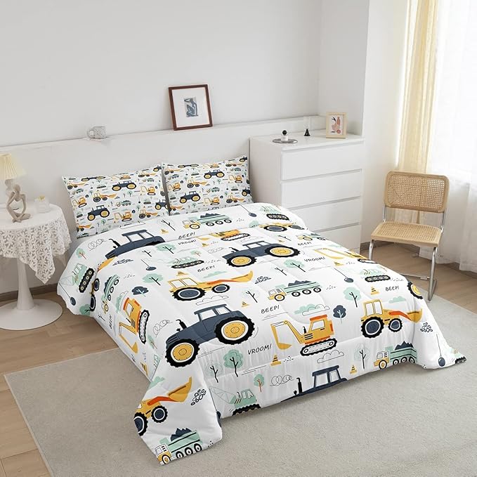 Cartoon Cars Kids Comforter Set Tractor Boys Comforter Cute Excavator Decor Kawaii Soft Bedding Set Cartoon Trees Cars Colorful All Season Quilt Room 3Pcs Full Size Boys - LeafyLoom