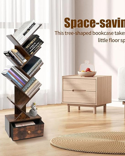 8-Tier Bookshelf Tree Bookshelf Book Tree with Drawer Wooden Bookshelves Storage Rack for CDs/Books, Shelves for Bedroom, Living Room & Office (Rustic Brown) - LeafyLoom