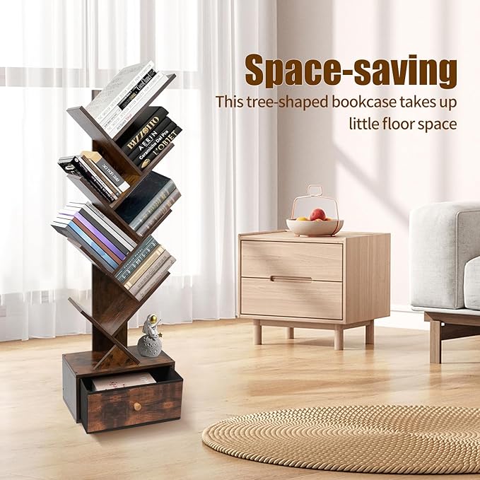 8-Tier Bookshelf Tree Bookshelf Book Tree with Drawer Wooden Bookshelves Storage Rack for CDs/Books, Shelves for Bedroom, Living Room & Office (Rustic Brown) - LeafyLoom