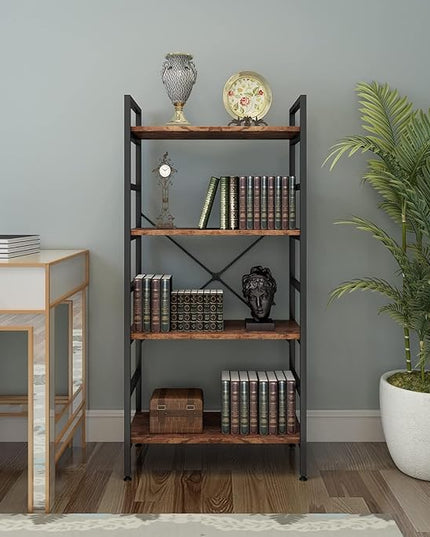 4 Tier Industrial Book Shelf,Modern Small Book Case for Books, Garage Kit, CDs, Movies, Standing BookShelves Display Rack for Bedroom/Living Room/Home Office - Rustic Brown Wood Bookcase - LeafyLoom