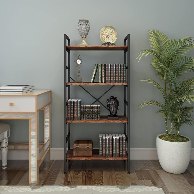 4 Tier Industrial Book Shelf,Modern Small Book Case for Books, Garage Kit, CDs, Movies, Standing BookShelves Display Rack for Bedroom/Living Room/Home Office - Rustic Brown Wood Bookcase - LeafyLoom