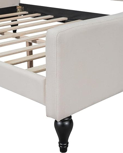 Full Size Upholstered Daybed,Linen Sofa Bed with Button Tufted Back & Nailhead Decorated Waved Shape Arms,Slat Support,No Spring Box Need,Bedframe for Bedroom Livingroom Small Space,Beige - LeafyLoom