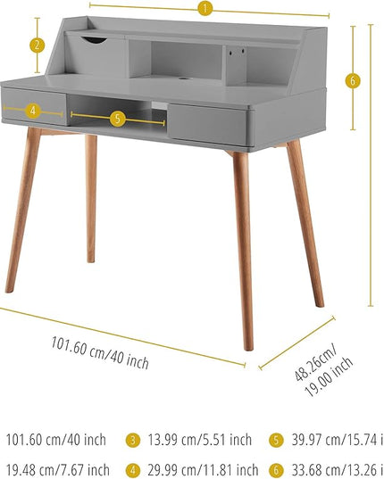 Teamson Home Creativo Writing Study Computer Desk with Solid Wood Legs, Storage Drawers and Open Shelves Hutch for Home Office Living Room Reading Bedroom, 37 inch Height, Gray - LeafyLoom