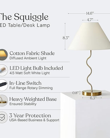 Brightech Squiggle Desk Lamp – Tall LED Table Lamp for Bedroom, Living Room, Office – Boho Mid-Century Modern Bedside Table Lamp with A-Line Open Shade and LED Bulb – Gold/Antique Brass - LeafyLoom