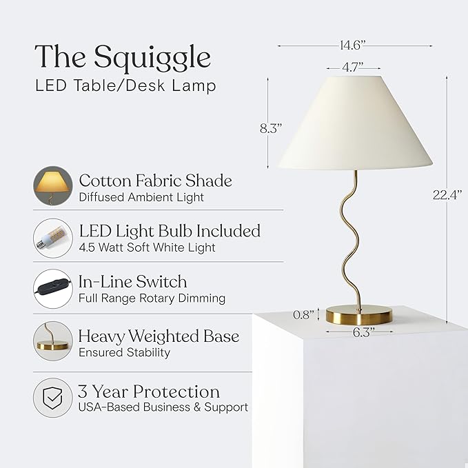 Brightech Squiggle Desk Lamp – Tall LED Table Lamp for Bedroom, Living Room, Office – Boho Mid-Century Modern Bedside Table Lamp with A-Line Open Shade and LED Bulb – Gold/Antique Brass - LeafyLoom