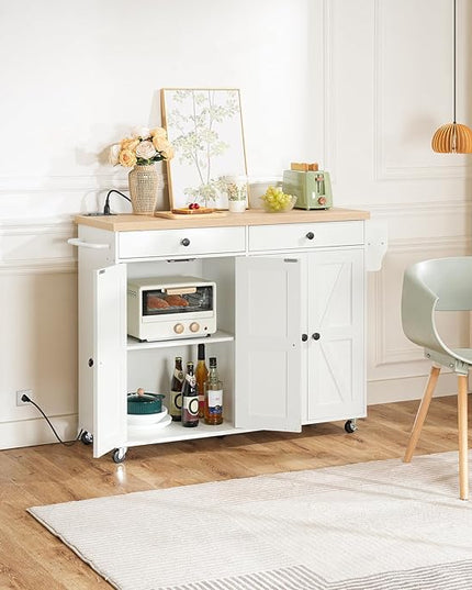 HOOBRO 43.3 Inch Kitchen Island with Charging Station, Rolling Kitchen Island with Storage, Kitchen Island Cart with Spice Rack and Hooks, for Kitchen, Living Room, White and Natural WN11UZD01 - LeafyLoom