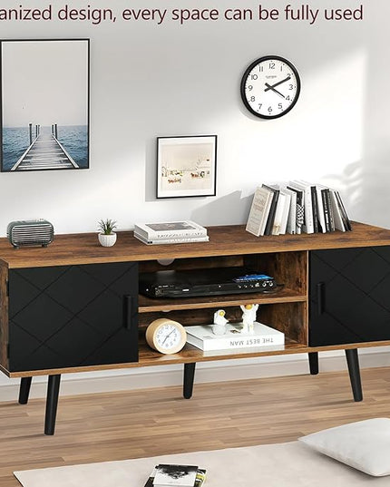 Iwell TV Stand for 55 inch TV, TV Console, Entertainment Center with 2 Cabinets & Open Shelf, Mid Century Modern TV Stand for Living Room/Bedroom, Black - LeafyLoom