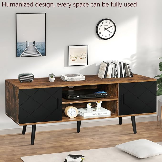 Iwell TV Stand for 55 inch TV, TV Console, Entertainment Center with 2 Cabinets & Open Shelf, Mid Century Modern TV Stand for Living Room/Bedroom, Black - LeafyLoom