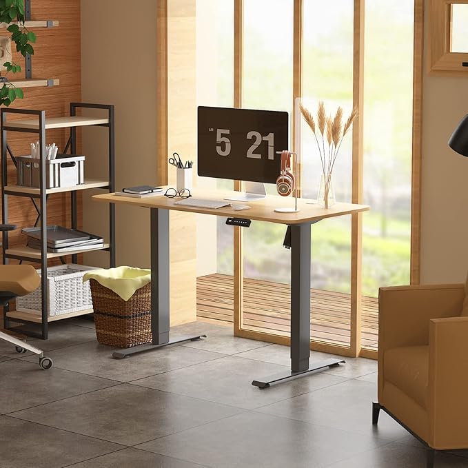 Height Adjustable Electric Standing Desk, 48 x 24 Inches Sit Stand up Desk, Home Office Desk with Whole-Piece Desktop, Maple Desktop/Black Frame - LeafyLoom