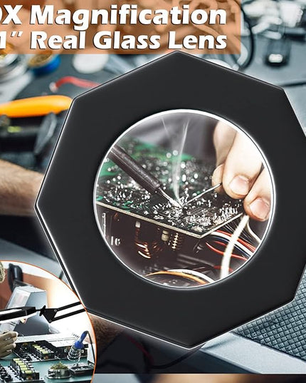 10X Magnifying Glass with Light and Stand,KUVRS 2200 IM 3-Color LED Magnifying Lamp, Magnetic Helping Hands, Adjustable Arm Large Base & Clamp Magnifier with Light for Soldering Craft Hobby Close Work - LeafyLoom
