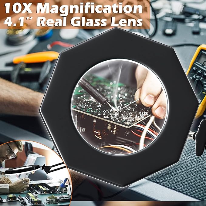 10X Magnifying Glass with Light and Stand,KUVRS 2200 IM 3-Color LED Magnifying Lamp, Magnetic Helping Hands, Adjustable Arm Large Base & Clamp Magnifier with Light for Soldering Craft Hobby Close Work - LeafyLoom