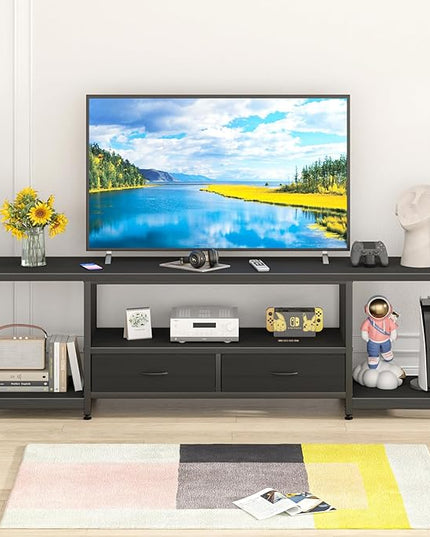 TV Stand with Fabric Drawers for 75 80 Inches TV - Entertainment Center and Industrial TV Console Table with Open Storage Shelves for Living Room, Bedroom- 71.5" Black - LeafyLoom