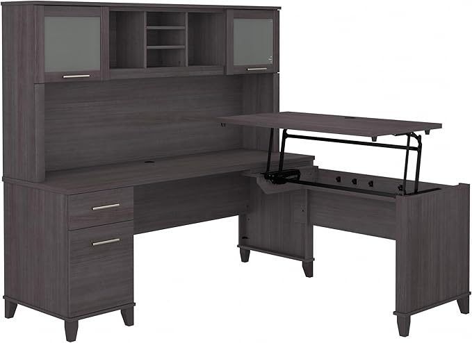 Bush SET015SG Somerset 35-Inch -41-Inch Adjustable Desk with Hutch, Storm Gray - LeafyLoom