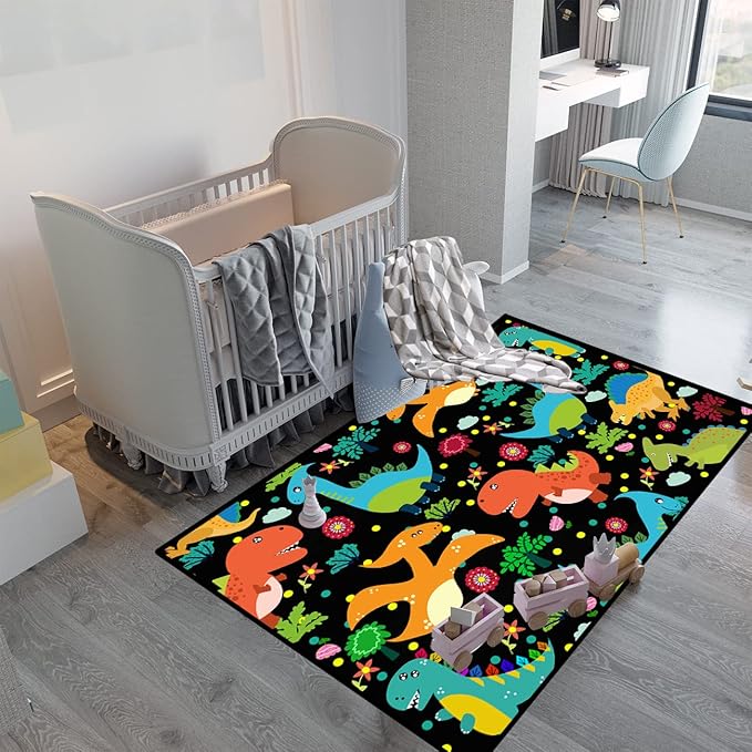 Dino Rugs for Boys Room Kids Play Rug Dinosaur Play Rug Dinosaur Carpet Dinosaur Rug Dinosaur Cartoon Carpet for Boys and Girls Bedroom Classroom,Black 3'×5' - LeafyLoom