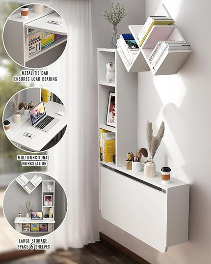 Folding Wall Mounted Drop Leaf Table, Foldable Desk with Moveable Cabinets, Floating Laptop with Convertible Storage Shelves, Multifunctional Computer Workstation in Home for Space Saving - LeafyLoom