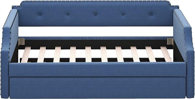 Twin Size Upholstered Trundle, Daybed Frame Sofa Bed for Bedroom Living Room Guestroom, Wood Slat Support, Space Saving Design, Blue - LeafyLoom