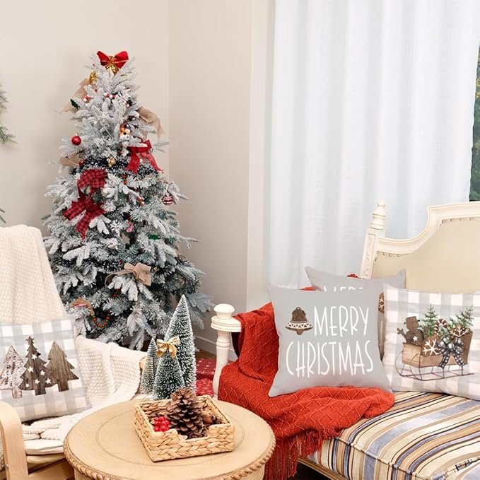 GEEORY Christmas Pillow Covers 18 x 18 Inch Set of 4, Buffalo Plaid Wooden Tree Snow Sleigh Merry Xmas Holiday Decor Decorative Throw Cushion Cases Decoration for Home Party Sofa Couch (Beige) GEEORY